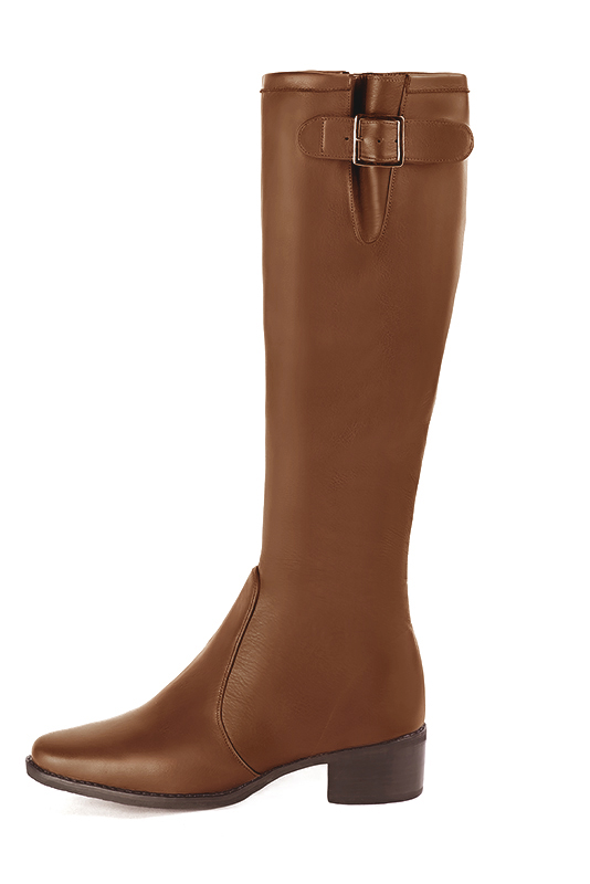 Caramel brown women's knee-high boots with buckles. Round toe. Low leather soles. Made to measure. Profile view - Florence KOOIJMAN